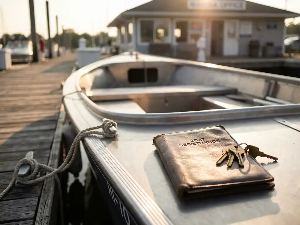 Aluminium sloep aangemeerd aan houten steiger met bootpapieren en sleutels op dashboard, jachthaven op achtergrond