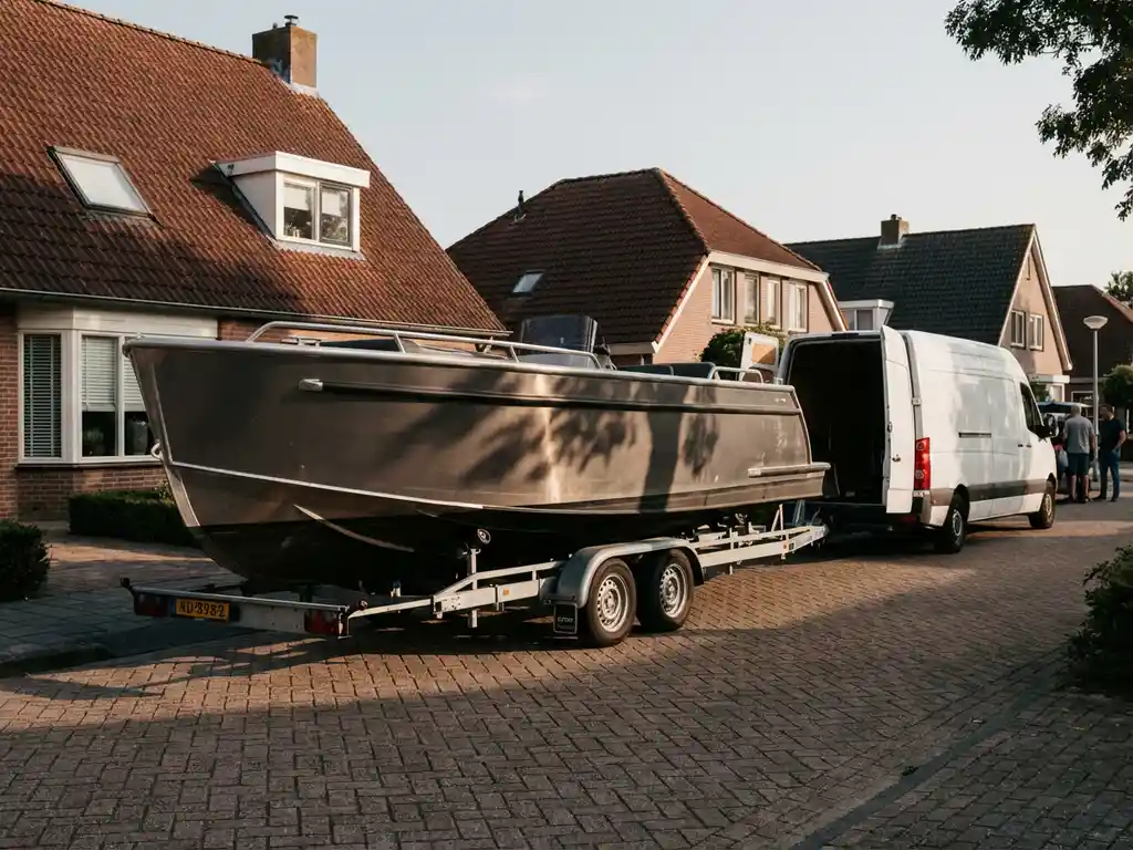 Aluminium sloep op boottrailer in oprit van Nederlandse woning met bezorgwagen op straat