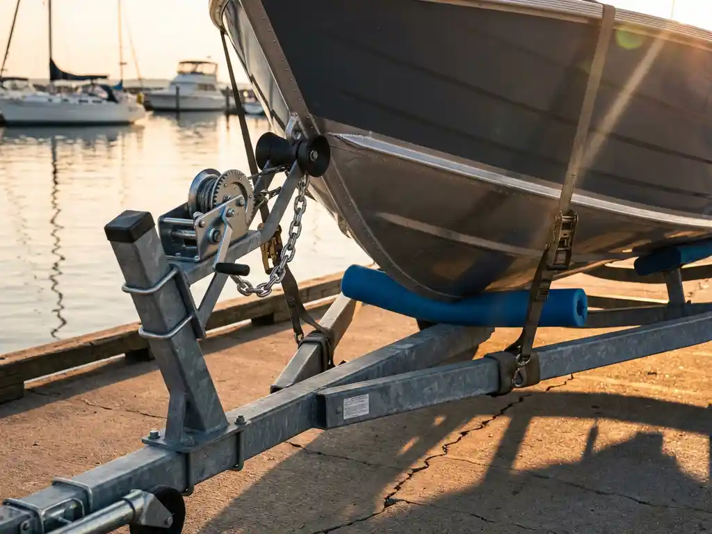 Aluminium sloep vastgemaakt met spanriemen op boottrailer bij jachthaven, beschermschuim zichtbaar, gouden avondlicht