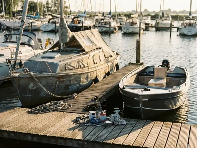 Twee aluminium sloepen afgemeerd aan houten steiger, gereedschap op planken, zonnige middag op jachthaven