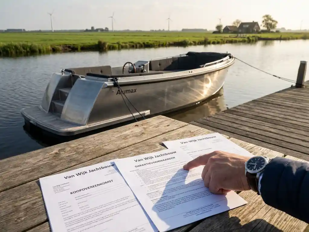 Dealer wijst naar garantievoorwaarden op documenten naast nieuwe aluminium sloep aan houten steiger