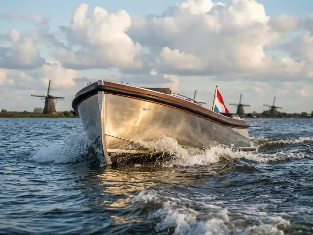 Aluminium sloep vaart door golvend water van IJsselmeer met schuimende boeg, windmolens op achtergrond