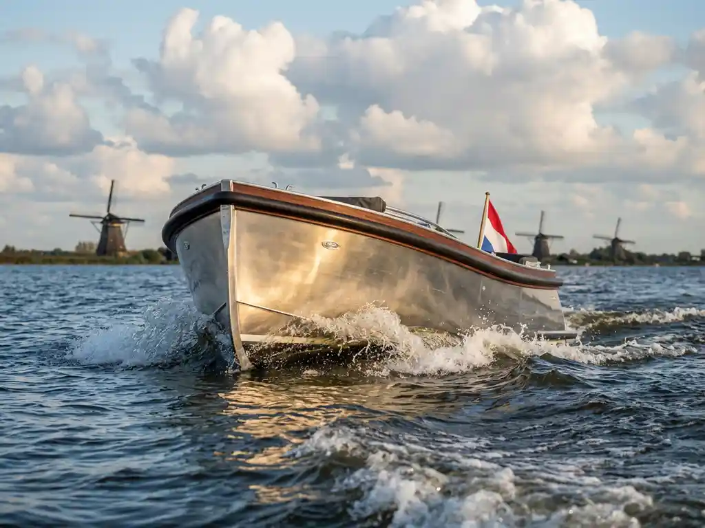 Aluminium sloep vaart door golvend water van IJsselmeer met schuimende boeg, windmolens op achtergrond