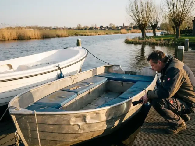 Bootinspecteur onderzoekt oude en nieuwe sloep aan houten steiger in Nederlandse waterweg met rietoevers