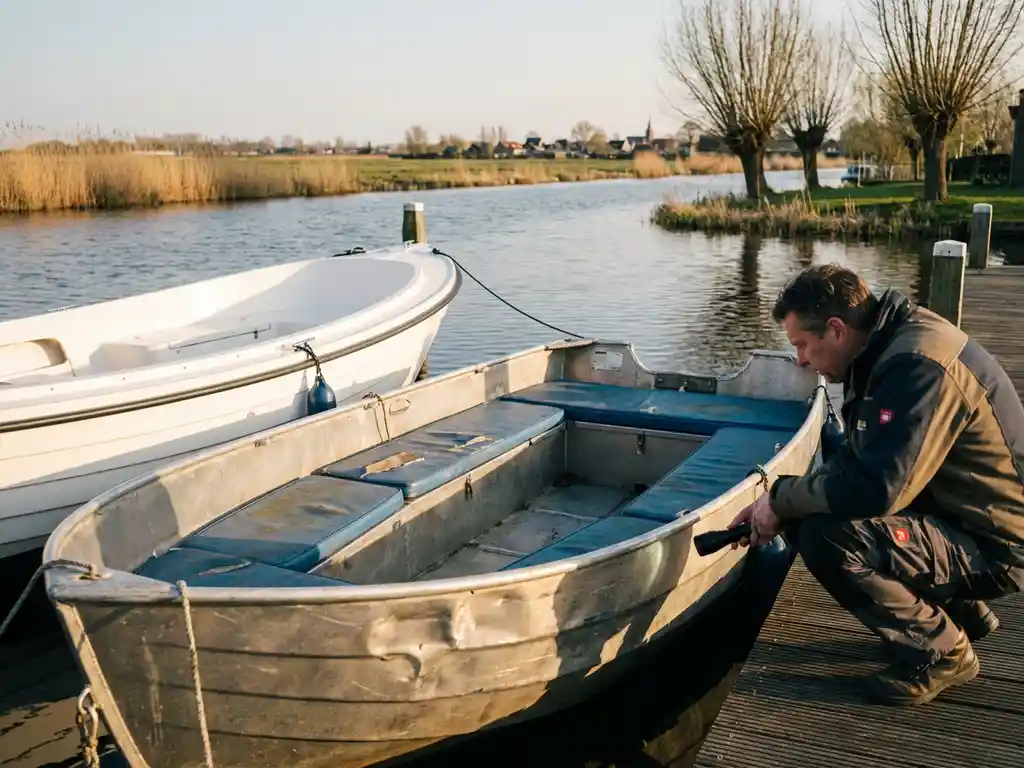 Bootinspecteur onderzoekt oude en nieuwe sloep aan houten steiger in Nederlandse waterweg met rietoevers