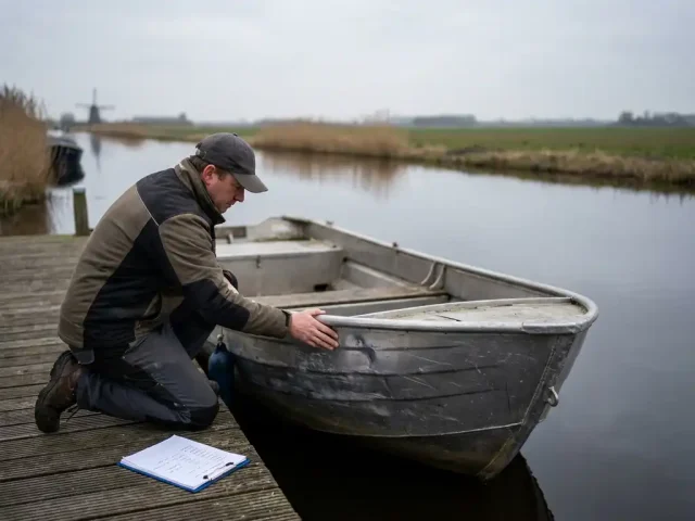 Potentiële koper inspecteert gebruikte aluminium sloep aan houten steiger in Nederlandse polder met rietoevers