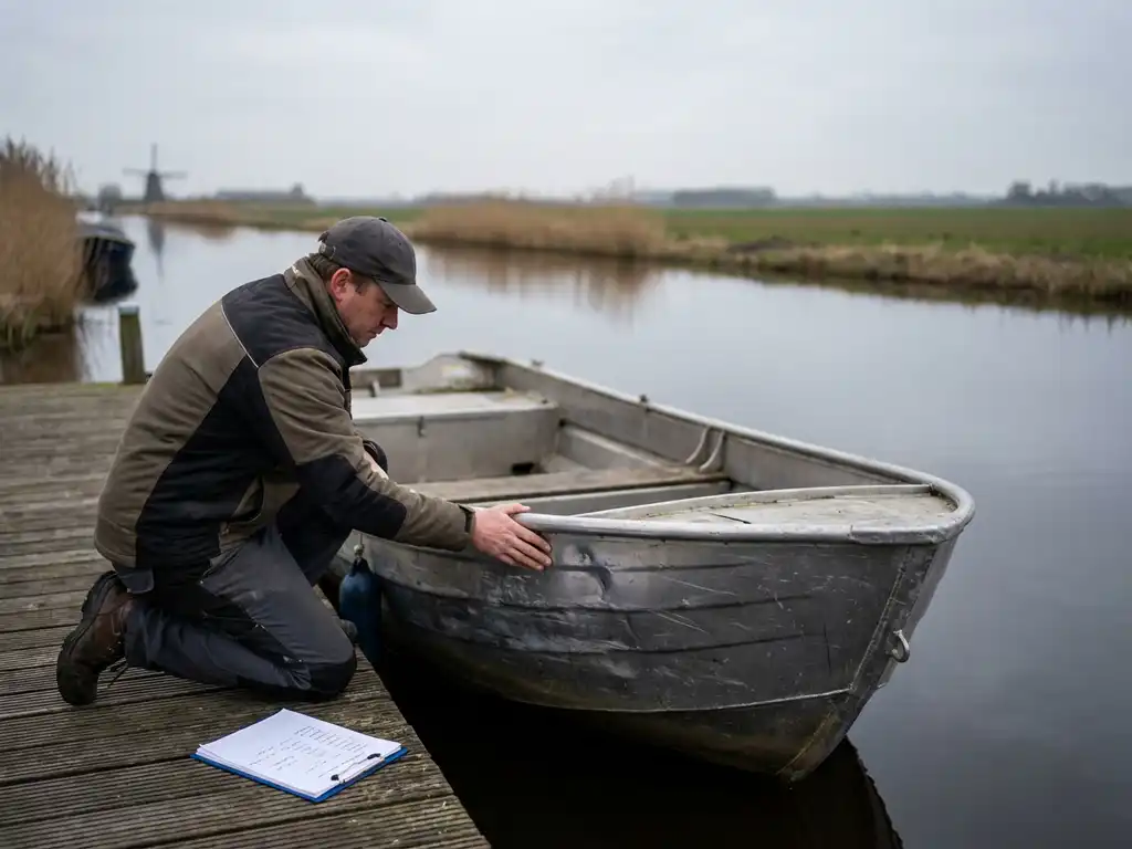 Potentiële koper inspecteert gebruikte aluminium sloep aan houten steiger in Nederlandse polder met rietoevers
