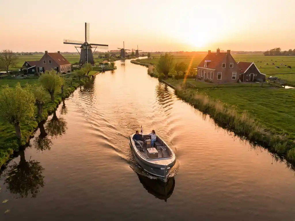 Aluminium sloep vaart door Nederlandse waterweg met traditionele molens en boerderijen langs groene polders