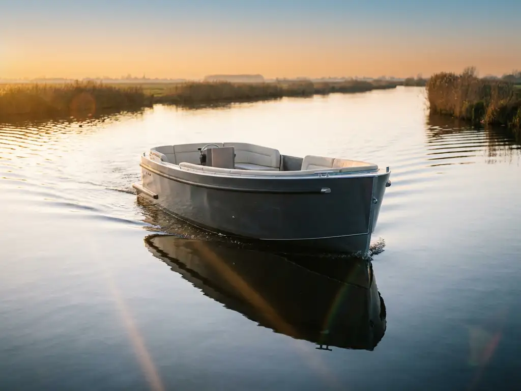 Moderne aluminium sloep voor zes personen vaart door kalme Nederlandse polderwaters tijdens gouden uurtje