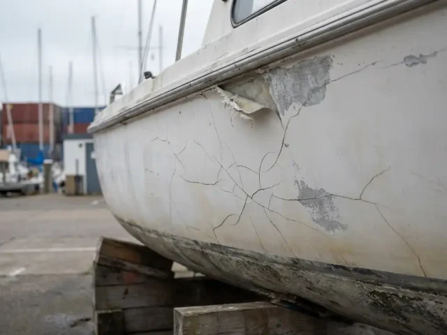 Beschadigde witte sloepboot met scheuren in gelcoat op houten blokken in jachthaven droogdok
