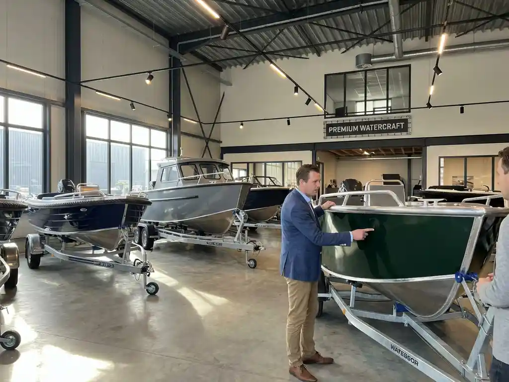 Professionele watersport showroom met aluminium sloepen op trailers en dealer die bootkwaliteit toont aan klanten