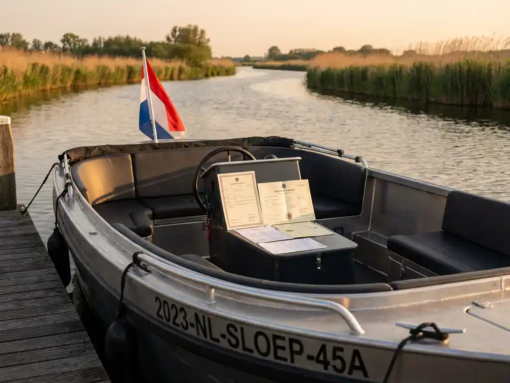 Aluminium sloep met Nederlandse vlag en maritieme documenten aangemeerd aan houten steiger op Nederlands water