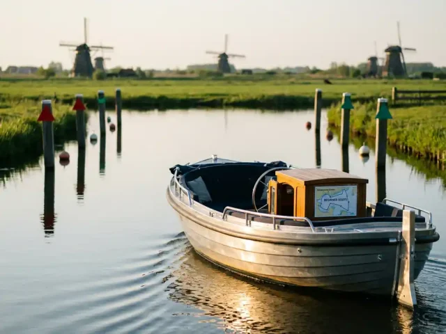 Aluminium sloep vaart door kalme Nederlandse wateren met navigatieboeien, polders en windmolens op achtergrond