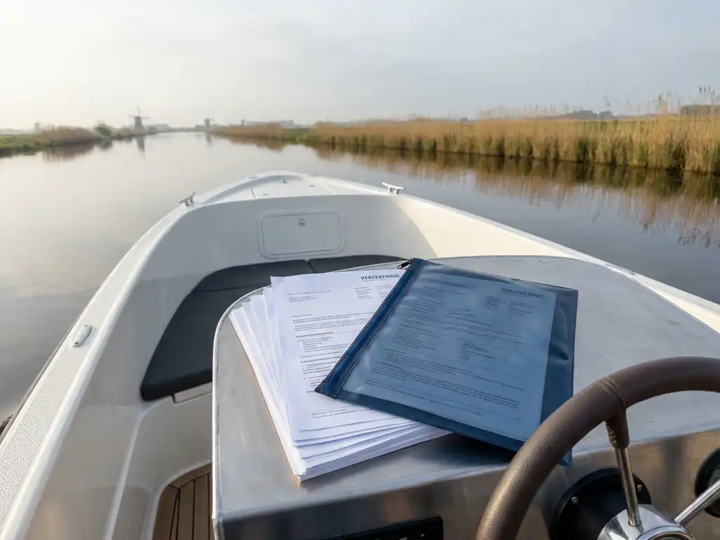 Witte elektrische sloep op kalm Nederlands water met verzekeringspapieren op dashboard, rietland op achtergrond
