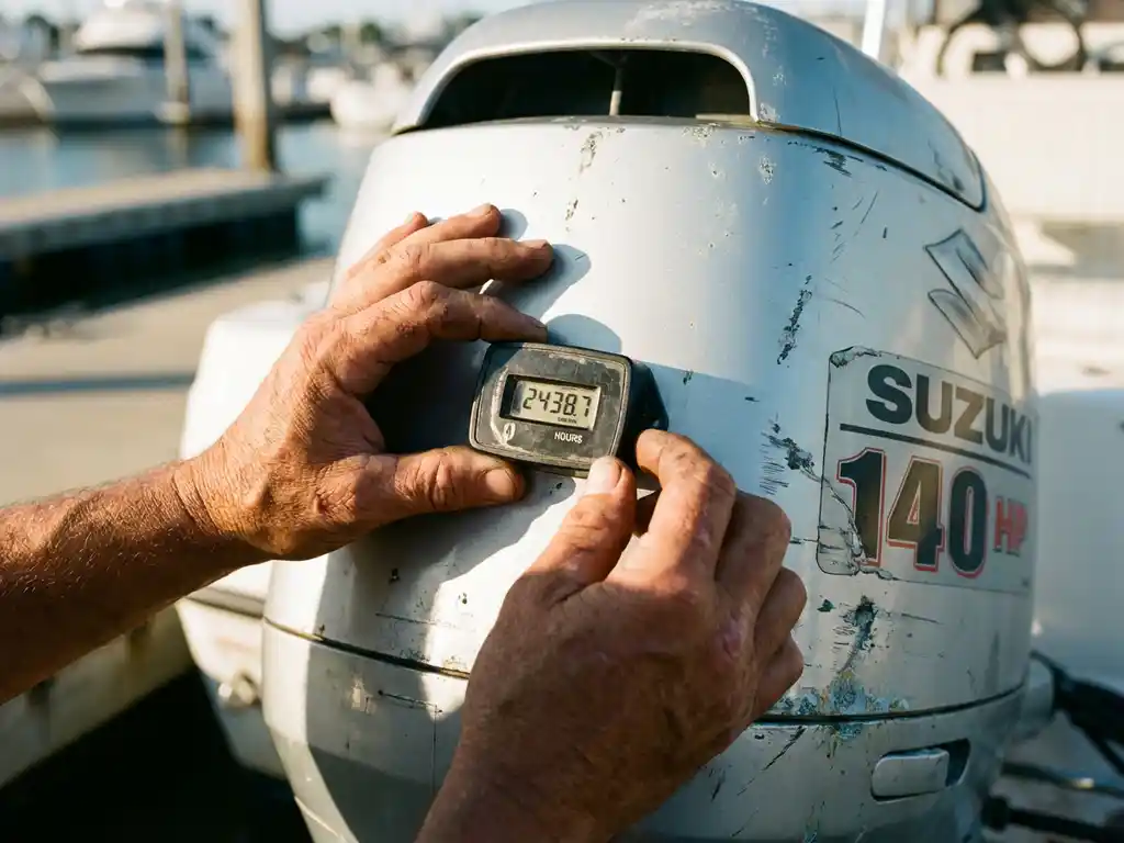 Hands met digitale urenmeter van Suzuki buitenboordmotor in jachthaven, zonlicht op bootcockpit