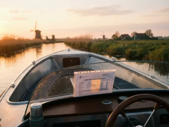 Aluminium sloep met watervergunning op dashboard vaart door kalme polderwaters tijdens gouden uur in Nederlands landschap