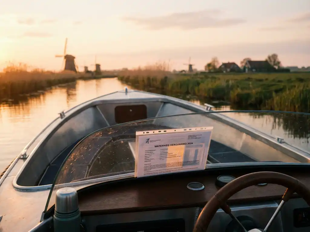 Aluminium sloep met watervergunning op dashboard vaart door kalme polderwaters tijdens gouden uur in Nederlands landschap