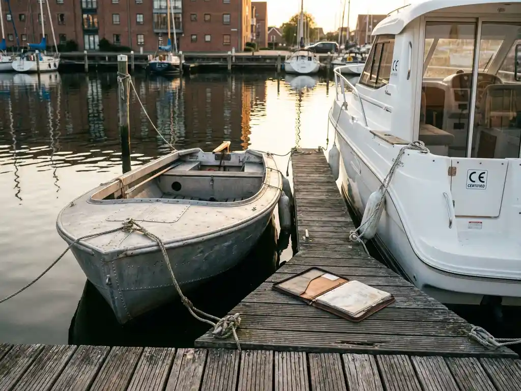 Vintage aluminium sloep zonder CE-keurmerk afgemeerd naast moderne boot in traditionele Nederlandse haven met documenten