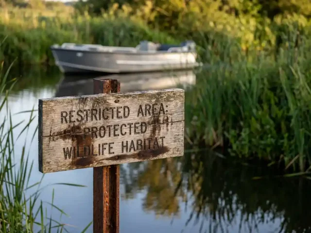 Verweerde houten waarschuwingsbord op metalen paal bij beschermd natuurgebied met boot op achtergrond in gouden licht