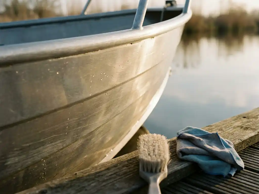Glanzende aluminium scheepsromp bij een houten steiger met waterdruppels, zachte borstel en onderhoudsdoek, Nederlands polderwater op de achtergrond.