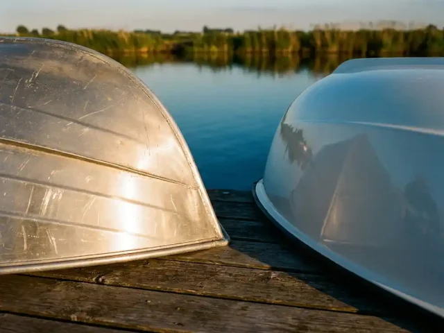 Geborsteld aluminium romp naast witte GRP-polyester romp op zonnige houten steiger, met Hollands polderwater op de achtergrond.