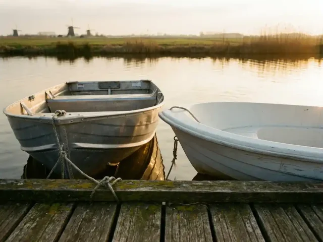 Aluminium en plastic tender zij aan zij afgemeerd aan een verweerde houten steiger, weerspiegeld in kalm polderwaterwater bij middaglicht.