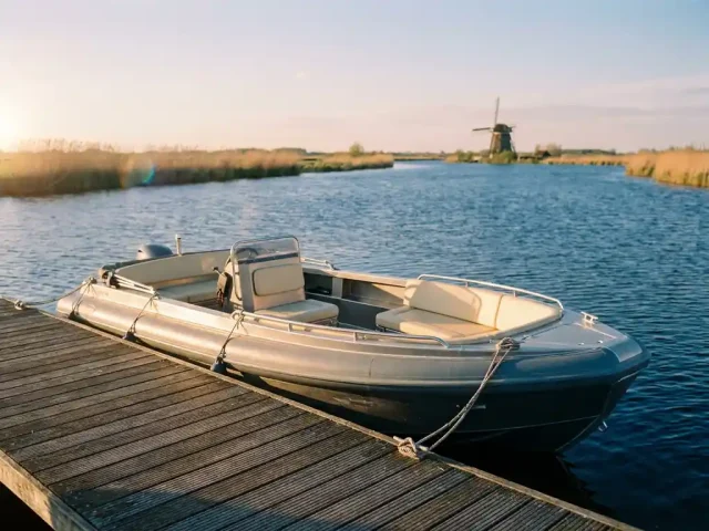 Aluminium opblaasbare tender afgemeerd aan een verweerde houten steiger in een Nederlands polderlandschap bij gouden uurstemming.