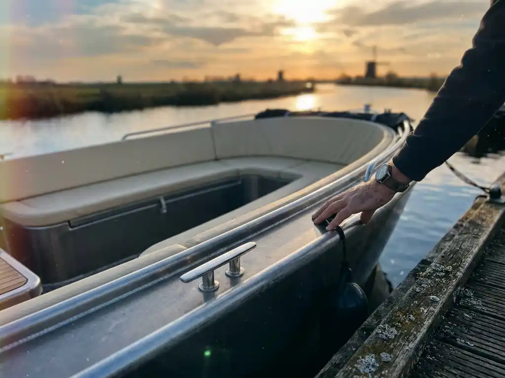Aluminium tender boot afgemeerd aan houten steiger, hand op de dolboord, polderwater met gouden weerspiegeling en crèmekleurige kussens zichtbaar.