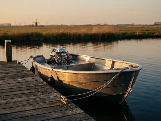 Aluminium tender met inbouw motor afgemeerd aan houten steiger op Nederlands polderwater bij gouden uursbelichting.