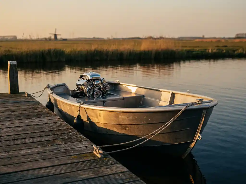 Aluminium tender met inbouw motor afgemeerd aan houten steiger op Nederlands polderwater bij gouden uursbelichting.