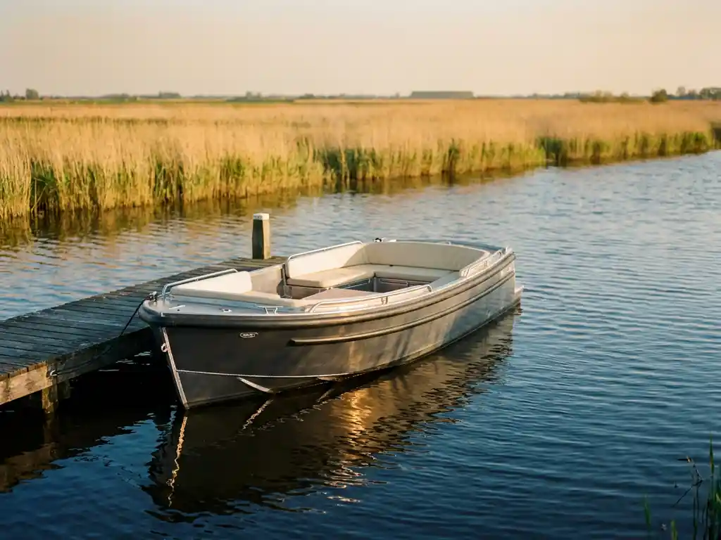 Aluminium tender met antraciet grijze romp afgemeerd aan houten steiger in Nederlands polderwater, gouden middaglicht.