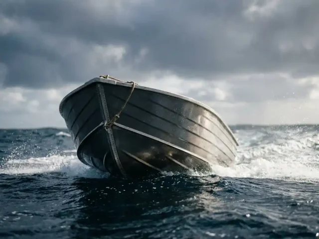 Aluminium tender die door donkere, onstuimige golven vaart met opgeheven boeg tegen een stormachtige grijze lucht.