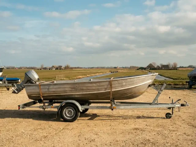 Compacte aluminium tender op een laaglader trailer in een Nederlands botenhuis, gefotografeerd op ooghoogte in natuurlijk middaglicht.