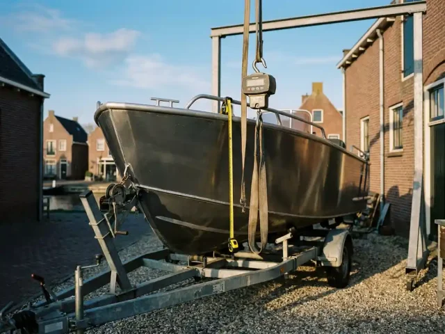 Aluminium tender op trailer in Nederlandse jachtwerf, met weegschaal en meetlint over de romp voor gewichtsbepaling.