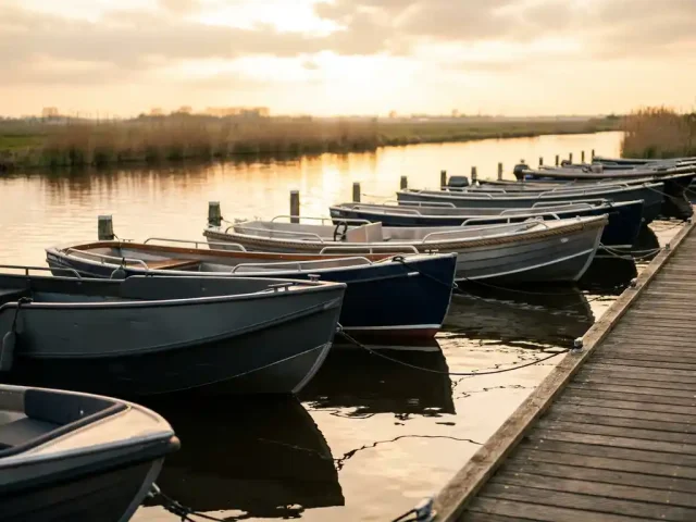 Aluminium tenderboten in antraciet, marine en zilver naast elkaar op een houten steiger, met rustig polderwaterreflecties op de achtergrond.
