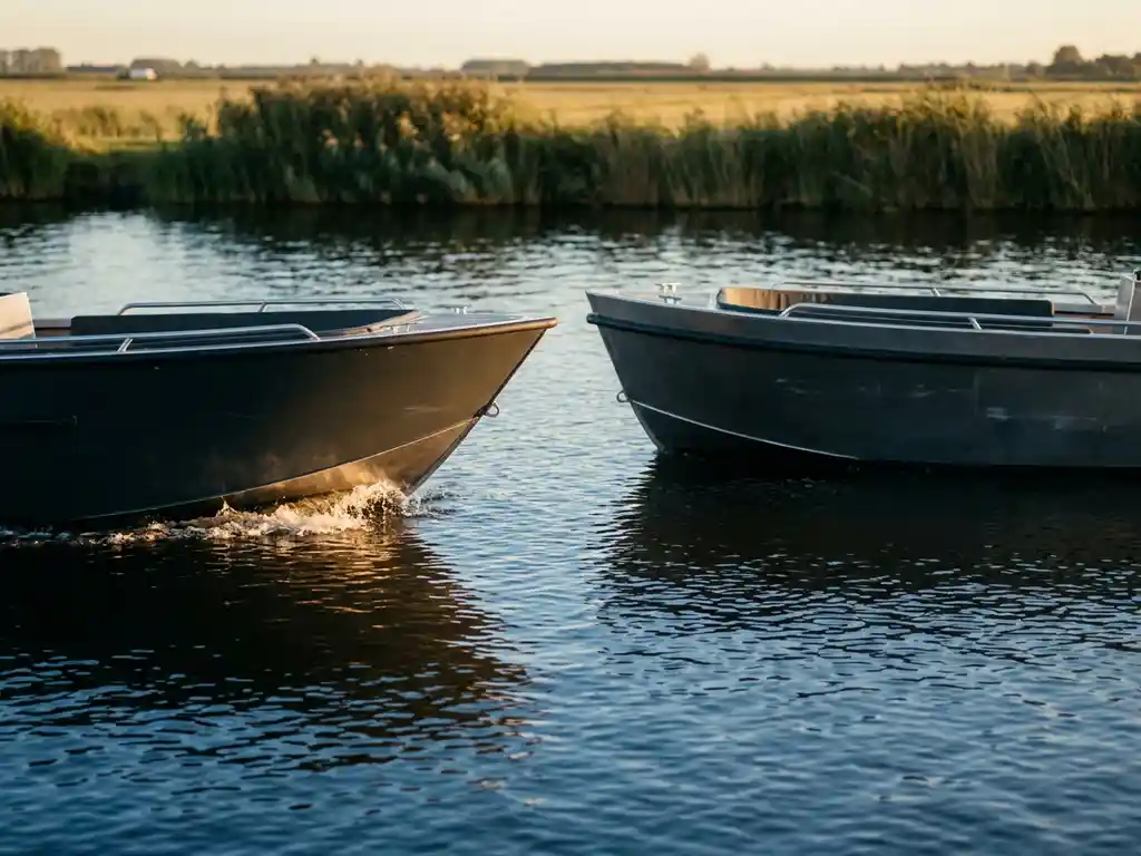 Twee antracietgrijze aluminium tenderboten op kalm polderwater, links een V-bodem en rechts een platbodem, in gouden middaglicht.