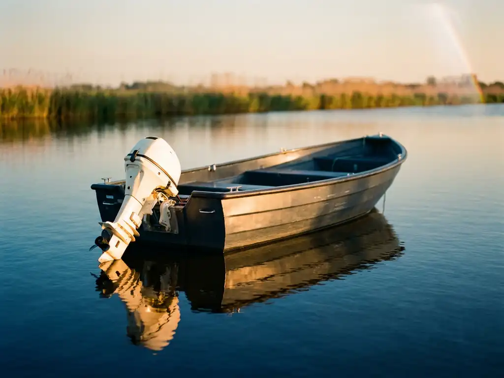 Compacte aluminium tender met witte buitenboordmotor op kalm Nederlands polderwater in gouden middaglicht.