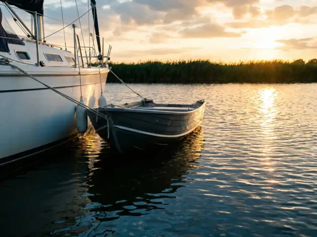 Aluminium tender dinghy in antraciet afgemeerd naast wit zeilschip op rustig Nederlands binnenwater tijdens gouden uur.