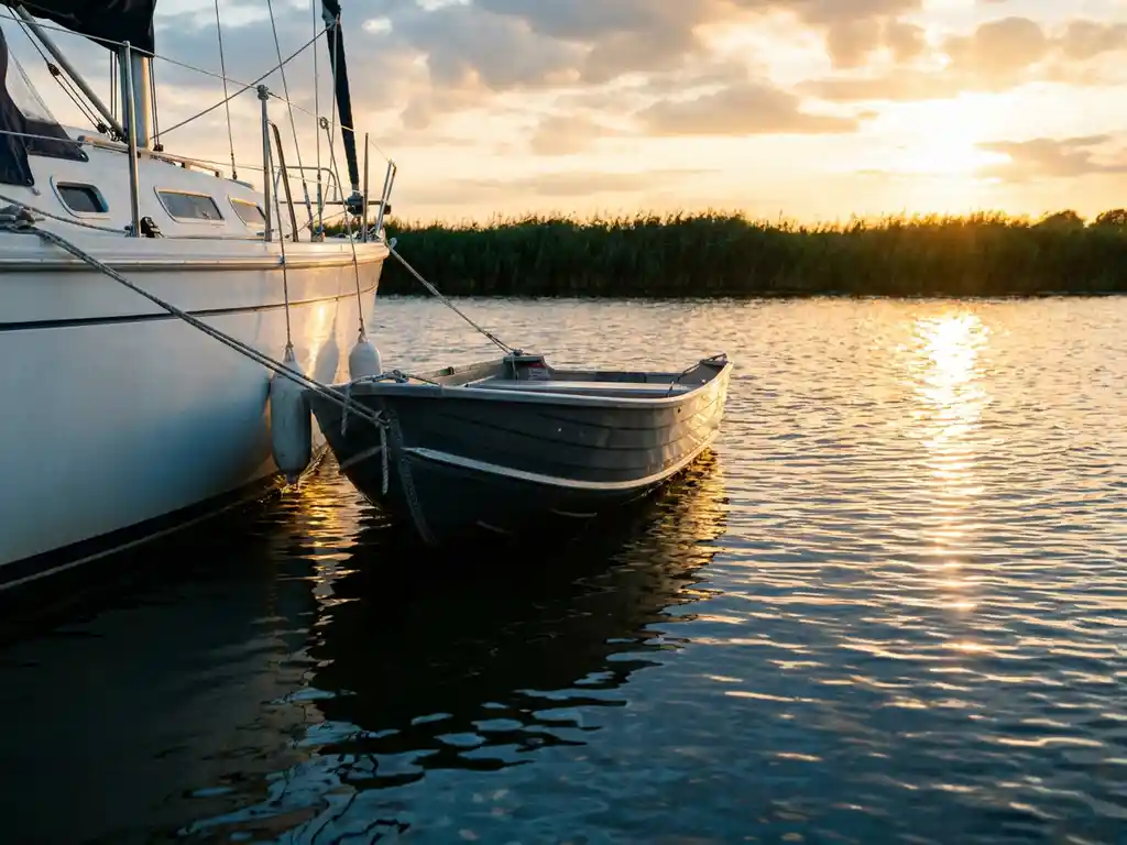 Aluminium tender dinghy in antraciet afgemeerd naast wit zeilschip op rustig Nederlands binnenwater tijdens gouden uur.