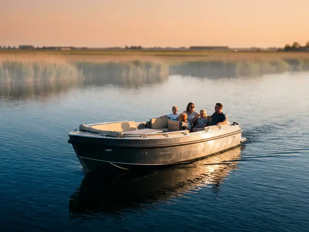 Familie van vier op een compacte aluminium tender op rustig polderwaterwater, rietkragen en gouden avondlicht op de antraciet romp.