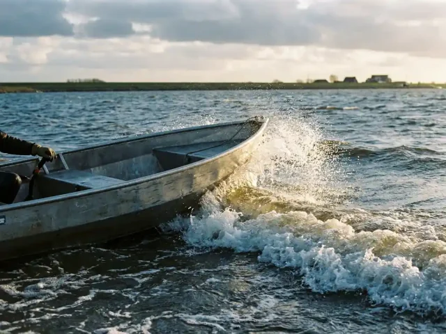 Aluminium tender op golvend Nederlands kustwater, boeg omhoog in de branding, witte nevel oplichtend in tegenlicht.