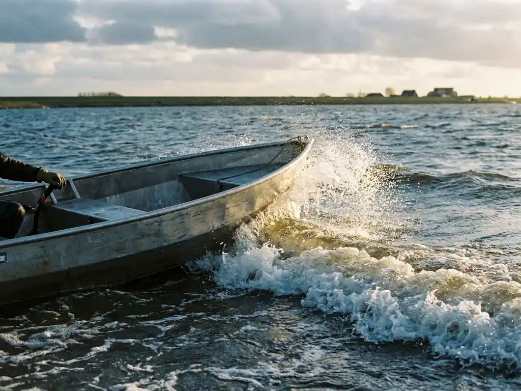 Aluminium tender op golvend Nederlands kustwater, boeg omhoog in de branding, witte nevel oplichtend in tegenlicht.