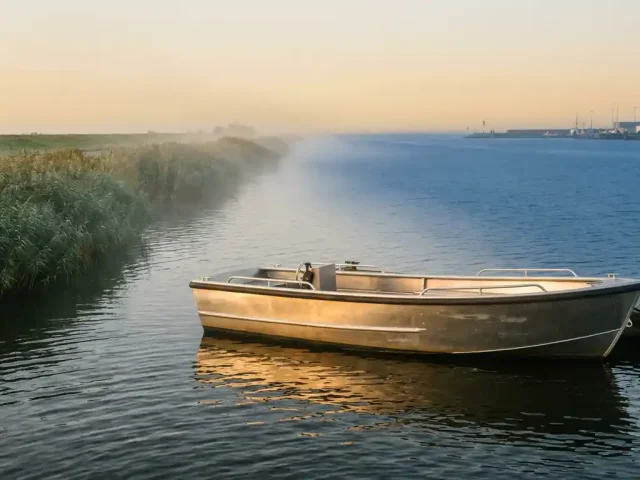Aluminium tender op de grens van zoet polderwater en zoute haven, omgeven door ochtendmist en riet, gouden ochtendlicht op de romp.