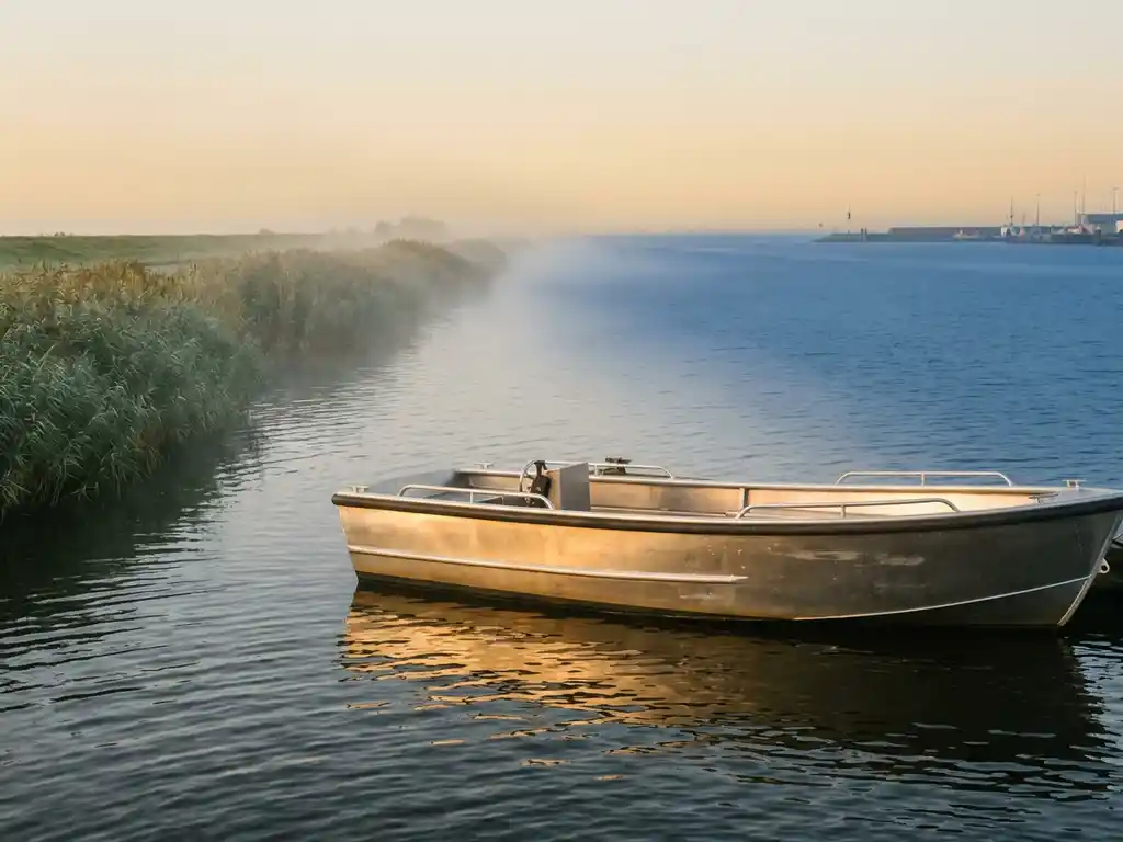 Aluminium tender op de grens van zoet polderwater en zoute haven, omgeven door ochtendmist en riet, gouden ochtendlicht op de romp.
