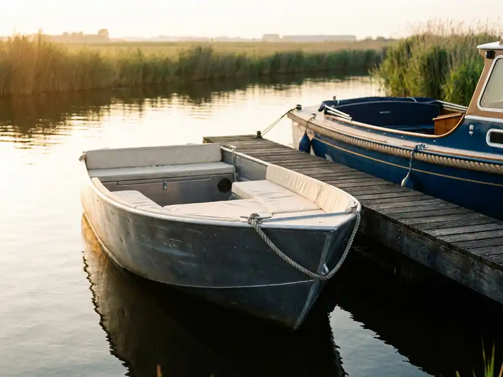 Antracietgrijze aluminium tender met crèmekleurige kussens afgemeerd naast klassieke motorboot aan houten steiger in gouden avondlicht.