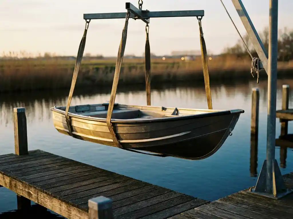 Aluminium tender bootje hangend aan kraanstroppen boven kalm polderwat, houten steiger en rietoevers op de achtergrond in gouden middaglicht.