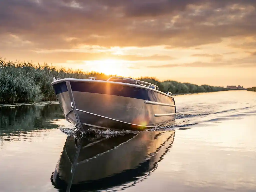 Aluminium jet tender glijdt over rustig polderwaterland tijdens gouden uur, met warme reflecties op de romp en rietkragen op de achtergrond.