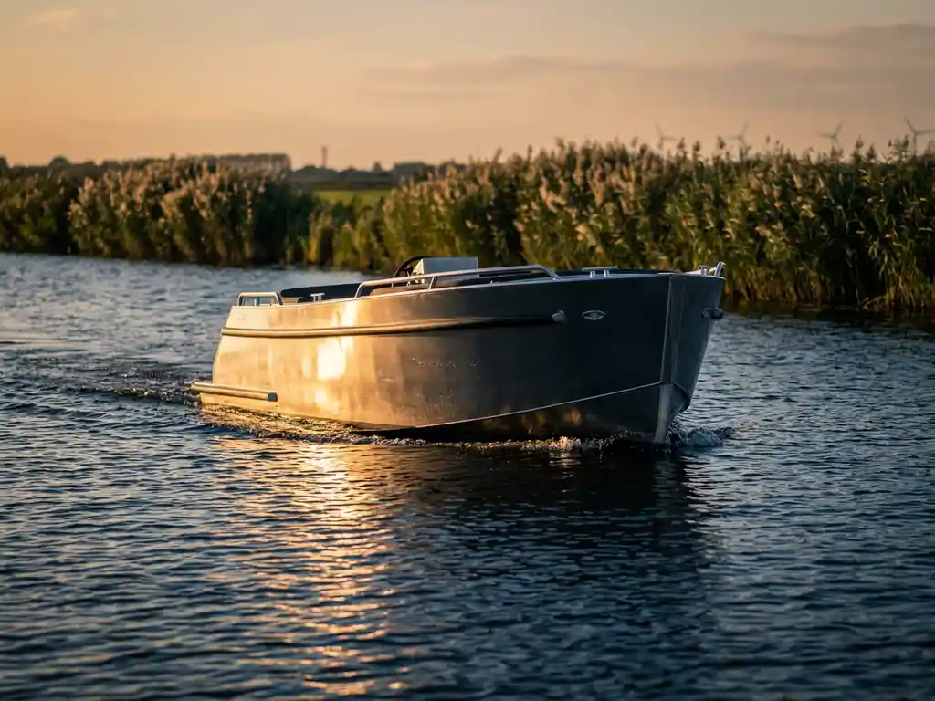 Aluminium tender scheert over rustig Nederlands polderwat bij gouden uur, antraciet grijze romp met warme reflecties en rietkraag aan de horizon.