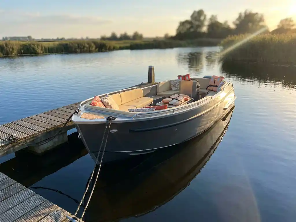 Aluminium tender afgemeerd aan houten steiger in Nederlandse polder, omgeven door riet en kalm water in gouden middaglicht.
