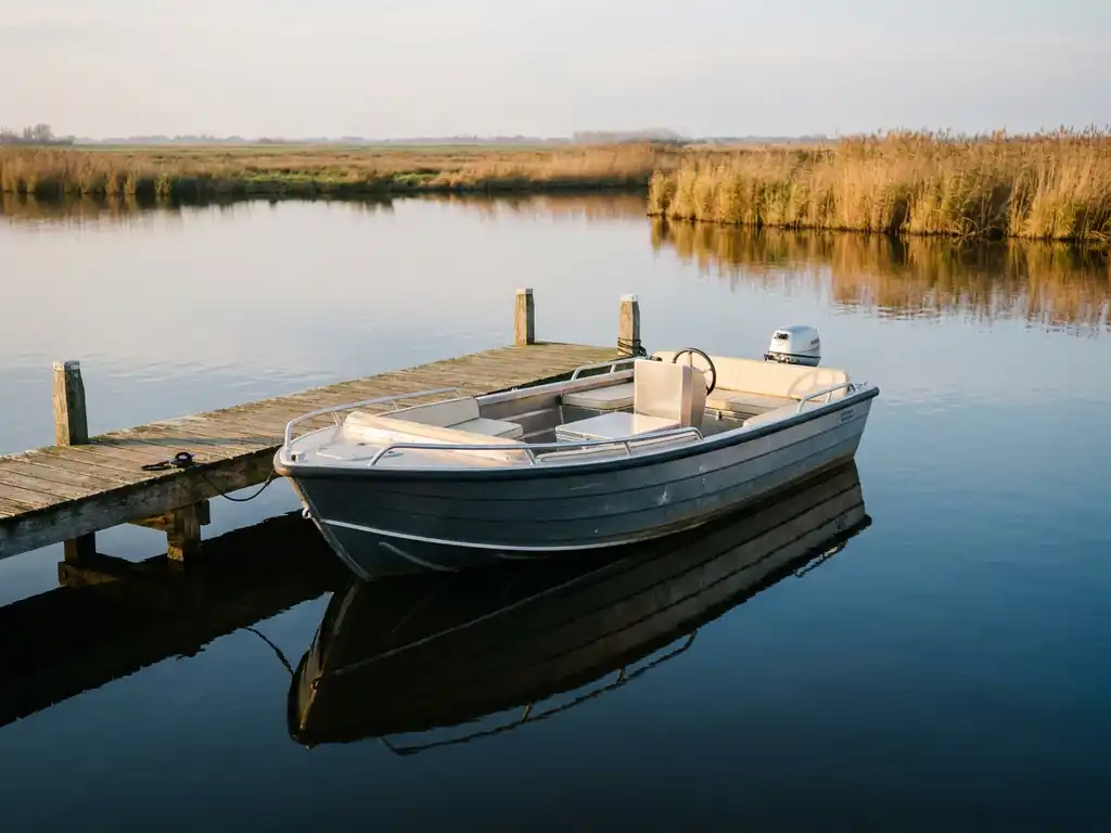 Aluminium tender afgemeerd aan een verweerde houten steiger in een Nederlands polderlandschap, gouden middaglicht op romp en kussens.